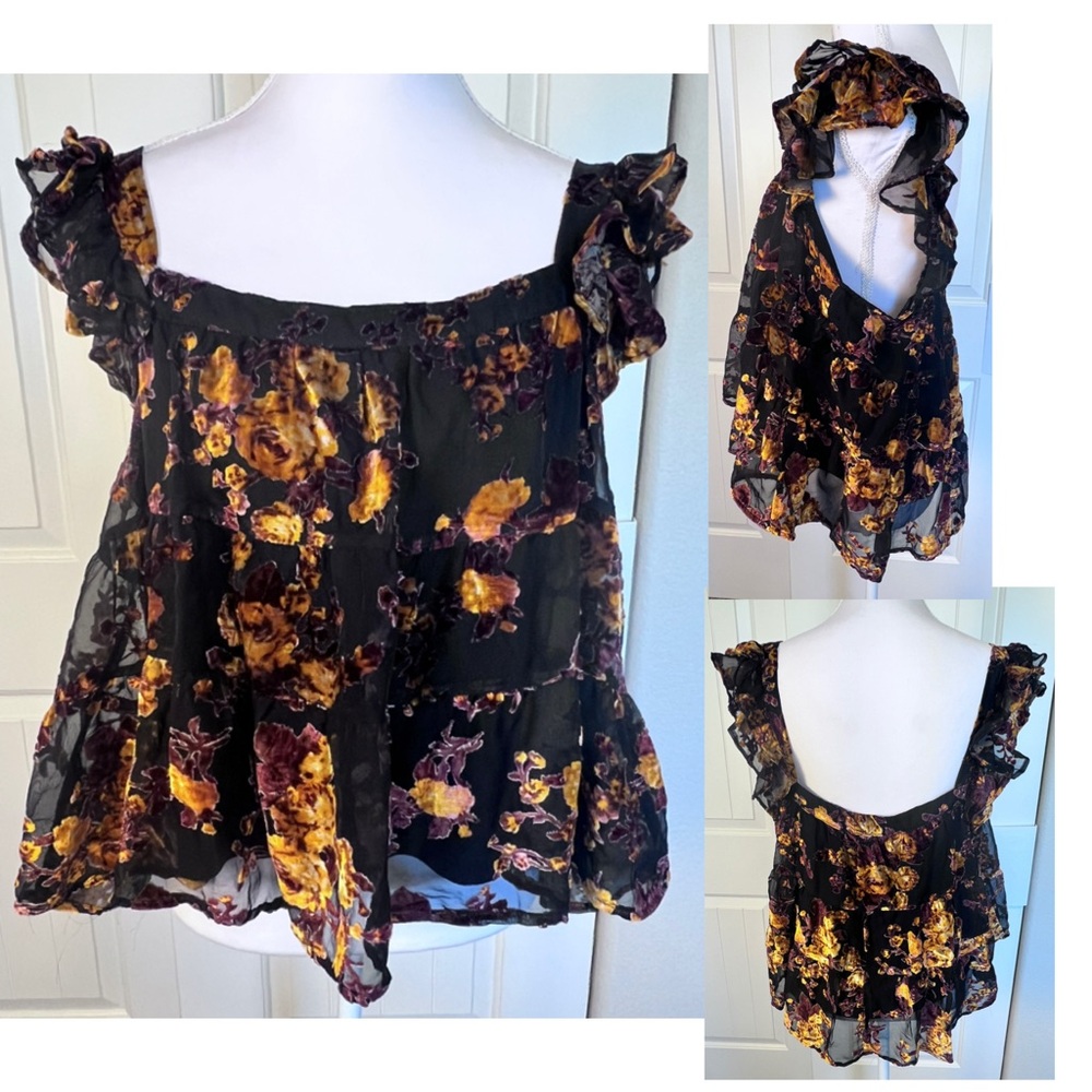 Velvet Burnout Babydoll Top Flutter Ruffle Sleeve Lined Tank Whimsigoth Sz Large